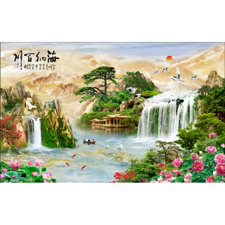 Tranh dán tường 3D thác nước - Vải lụa phủ kim sa