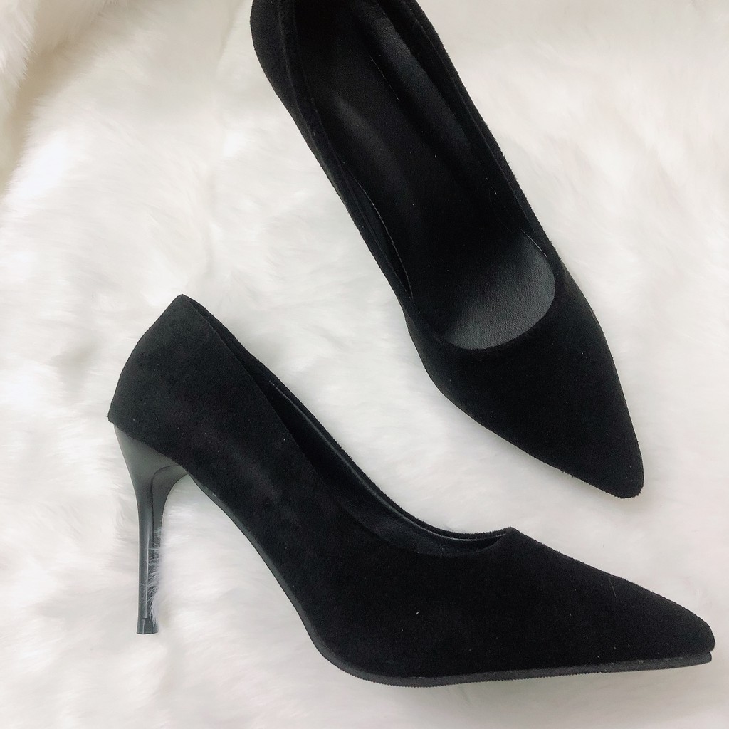 Giày Cao Gót Mũi nhọn, Giầy Da Lộn Gót 7p-9p màu đen dễ phối đồ, đi lên chắc chân