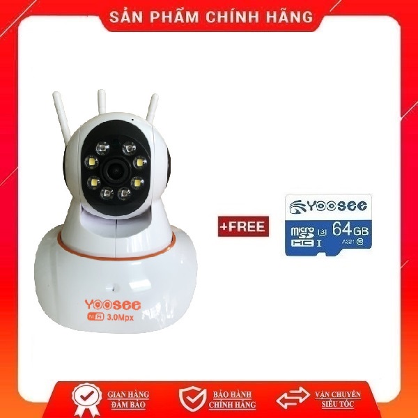 Camera Giám Sát Yoosee 3 Râu 3.0 Full HD Trong Nhà Quay Đêm Có Màu + Thẻ 64Gb - không cổng LAN