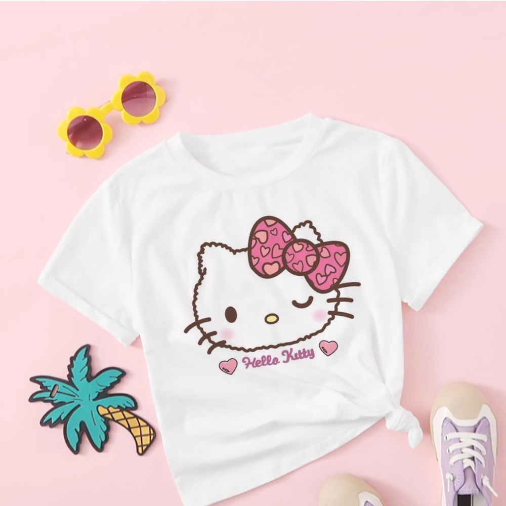 Áo Thun Vải Mềm Thoải Mái In Hình Mèo kitty Dễ Thương Cho Bé Gái