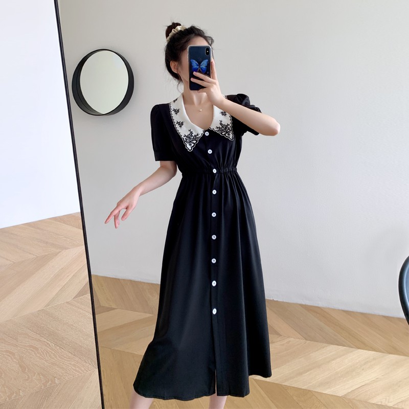 (ORDER) Váy/đầm màu đen kiểu Pháp cổ sen thêu hoa xòe dài vintage nhẹ nhàng tiểu thư _ ulzzang style