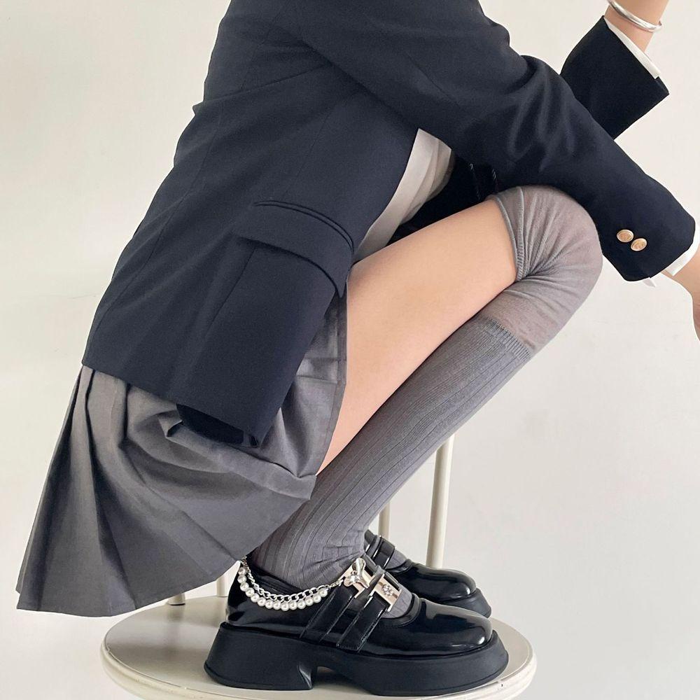 Vớ Cotton Dài Qua Gối Phối Lưới Thiết Kế Đơn Giản Thời Trang Retro