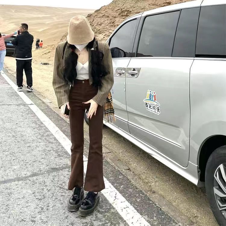 Quần jean nữ lưng cao ống loe màu nâu đen kiểu dáng hot trend phong cách retro Hàn Quốc loại 1 đủ size