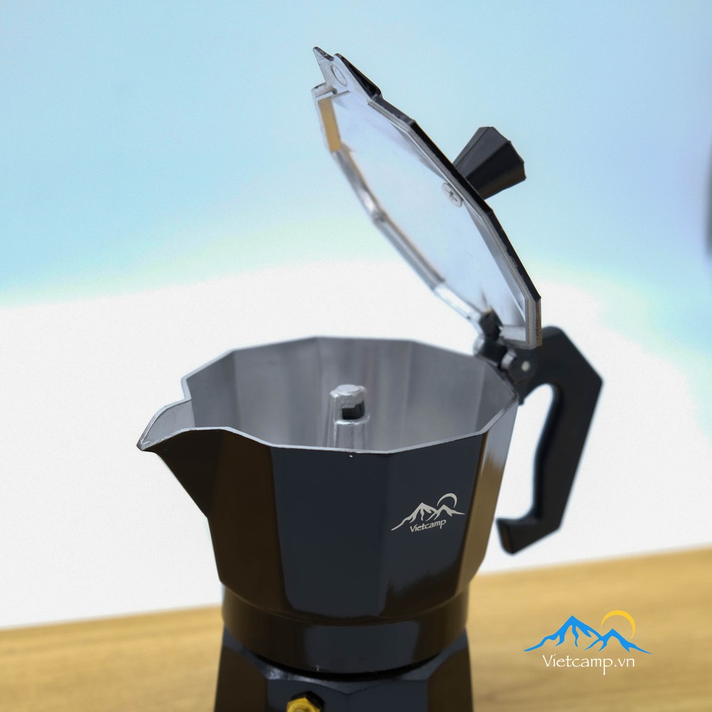 Bình đun cafe Espresso siêu tốc Moka Pot - 150 ml nước - 15 gram cafe - Màu đen - Chất liệu nhôm - Pha được 5 shot