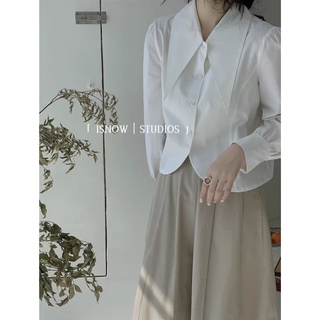Áo sơ mi trắng cổ sen nhọn tay dài dáng áo basic