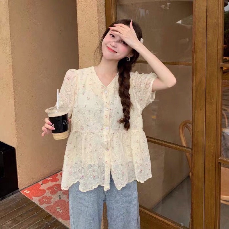 Áo hoa nhí tím vintage Quảng Châu cực xinhZb