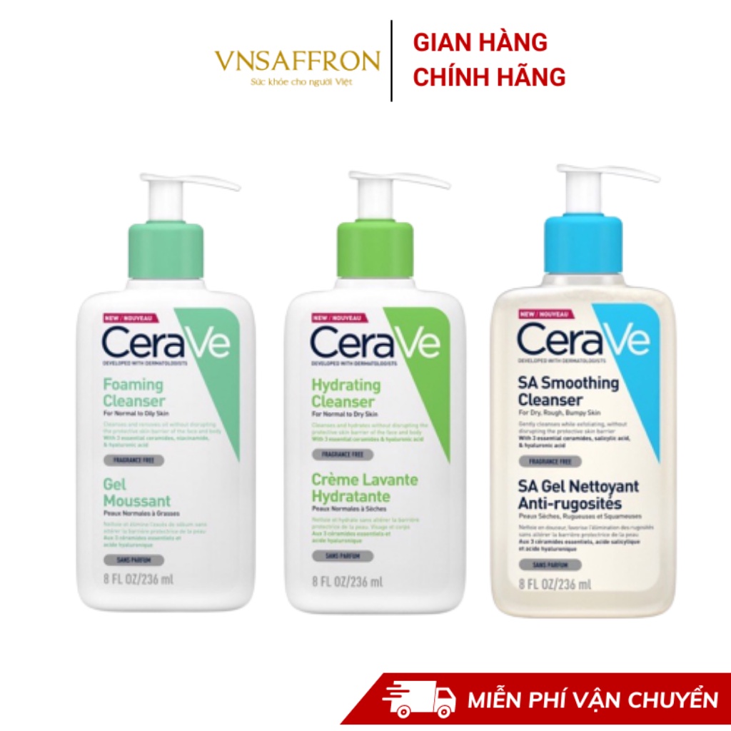Sữa rửa mặt cerave Foaming Facial Cleanser cho Da Dầu, Da Khô, Da Hỗn Hợp 87ml, 355ml, 236ml, 473ml VNSAFFRON