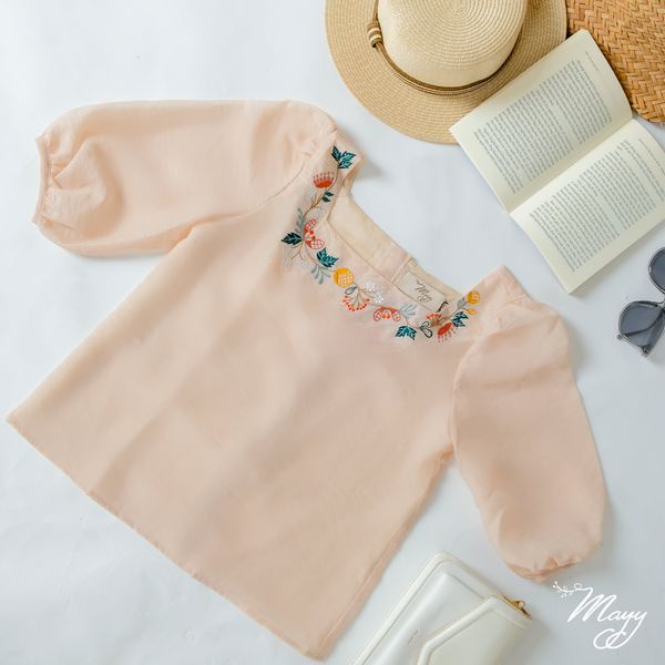 Áo kiểu nữ sang chảnh MAYY FASHION tơ be cổ vuông thêu hoa Nhật Hạ