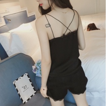 Bộ đồ ngủ nữ viền ren 2 dây chéo lưng sexy, pijama lụa mặc nhà mùa đông, iBra's store AM5