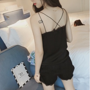 Bộ đồ ngủ nữ viền ren 2 dây chéo lưng sexy, pijama lụa mặc nhà mùa đông, iBra's store AM5 | WebRaoVat - webraovat.net.vn