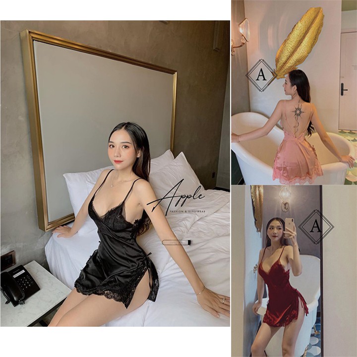 HT6 Váy ngủ sexy lụa xẻ hông phối ren gợi cảm, Đầm ngủ lụa gợi cảm, Đồ ngủ 2 dây HT6 | BigBuy360 - bigbuy360.vn