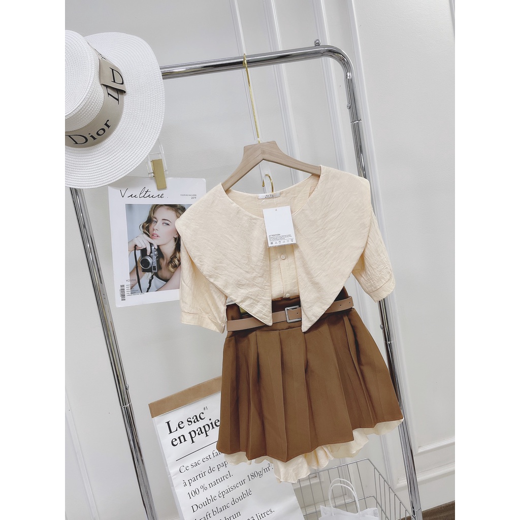 Set áo sơ mi cổ thuyền mix chân váy xếp li nâu tây kèm thắt lưng MIVOSA SV147