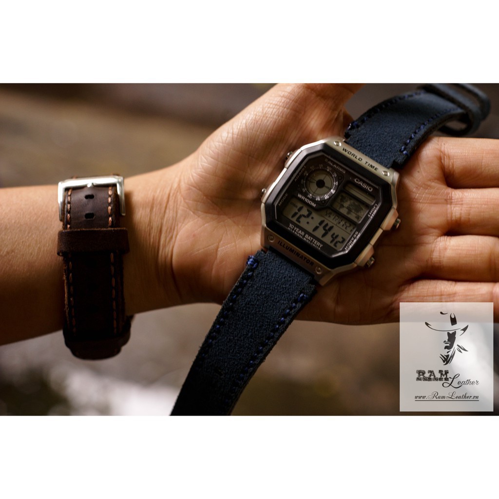 DÂY ĐỒNG CASIO DA BÒ THẬT RAM 1961 XANH COBAN - CASIO AE 1200 / 1300 / 1100 / 1000 / SEIKO / ORIENT *