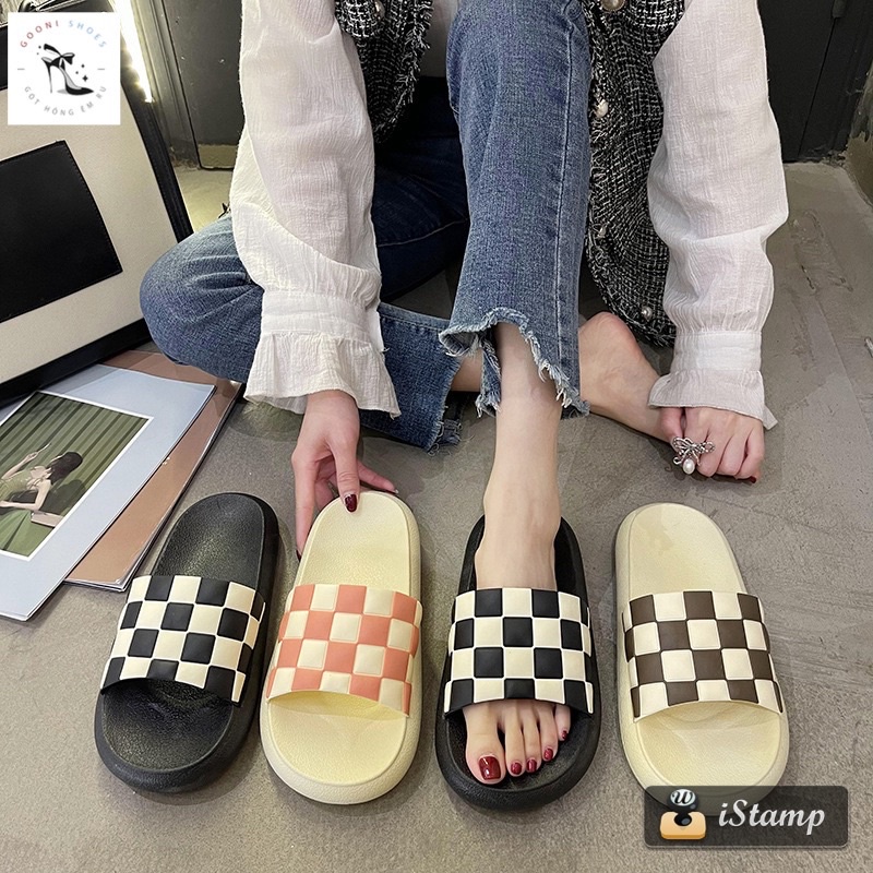 Dép quai ngang kẻ caro đế bánh mì dành cho nữ ulzzang Hàn Quốc hottrend 2022