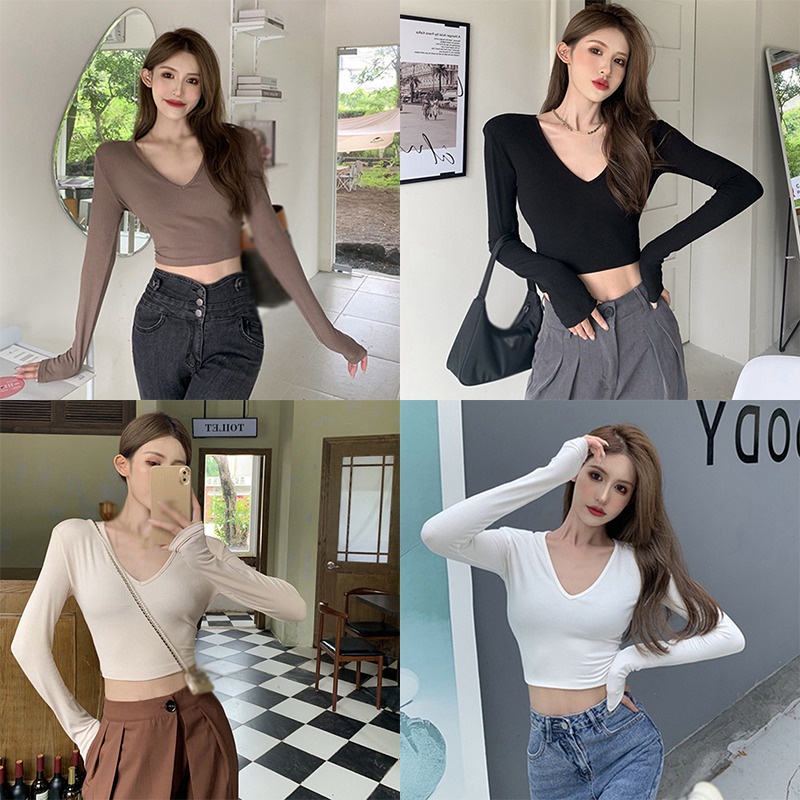 Áo Croptop Tay Dài Cổ Chữ V Màu Sắc Thanh Lịch