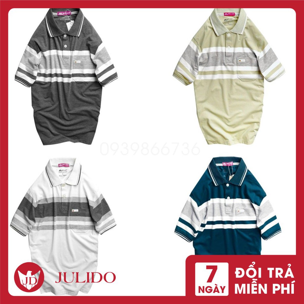 Áo Polo Nam Trung Niên Có Túi Sọc Ngang BIG SIZE 90KG Chất Liệu Thun Cotton Cao Cấp