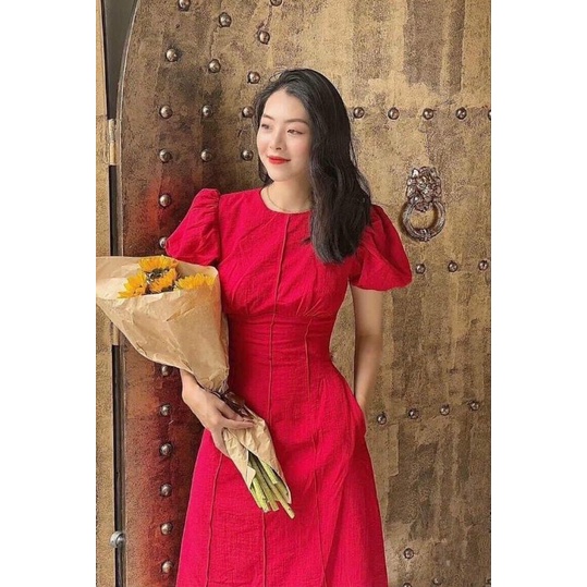 Đầm midi tay phồng chạy viền