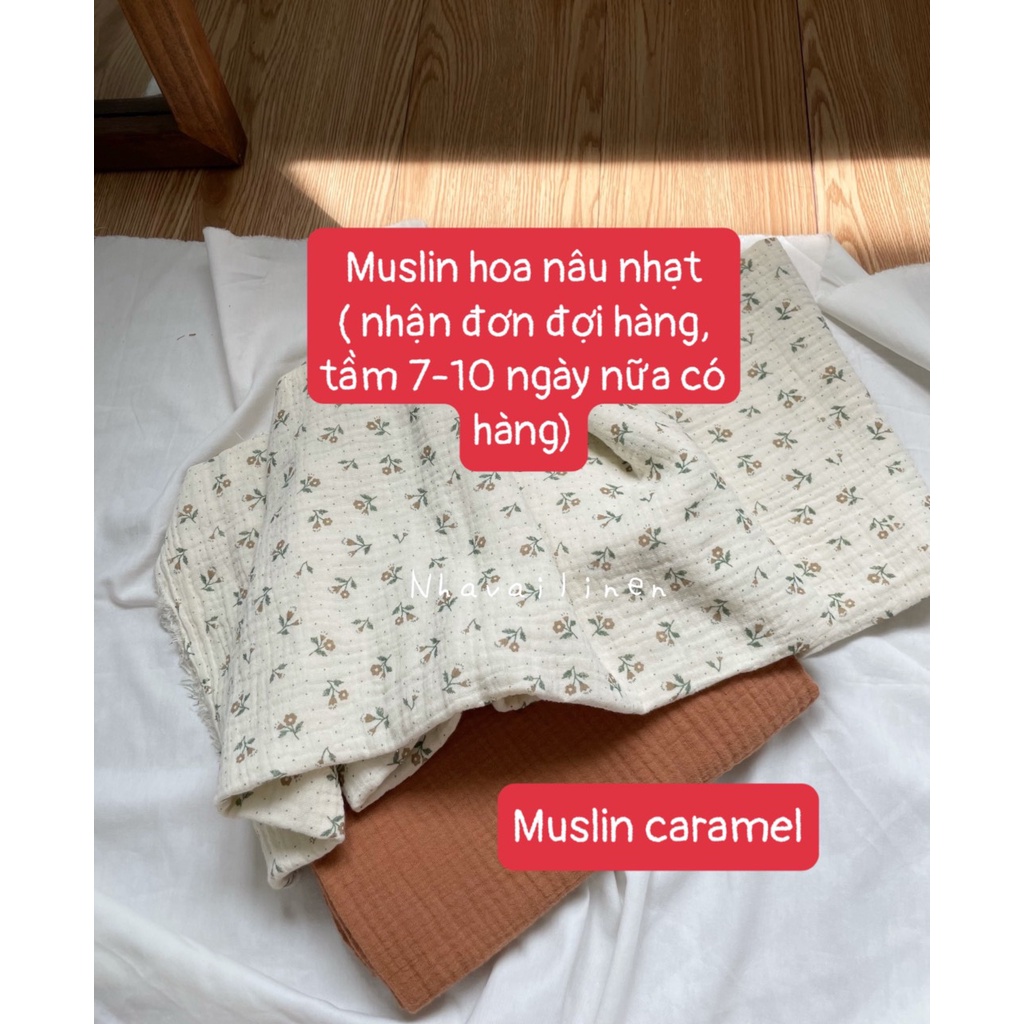 Vải họa tiết muslin hoa nâu nhạt - muslin caramel Nhà Vải Linen