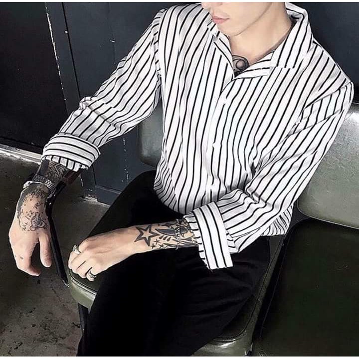 Áo sơ mi nam sọc đen trắng 💝 áo sơ mi tay dày HOT vải Thái bền đẹp chống xù