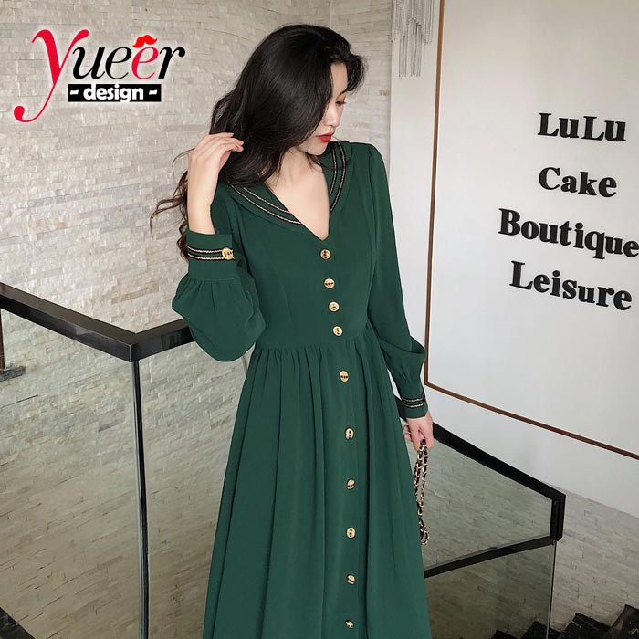 Đầm tay dài cổ chữ v phối cúc nổi bật duyên dáng dễ thương cho nữ | BigBuy360 - bigbuy360.vn