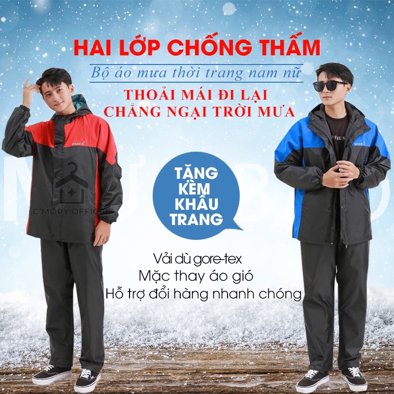 Bộ áo mưa thời trang 2 lớp siêu chống thấm phối màu thời trang mặc thay áo gió C'mory AM03