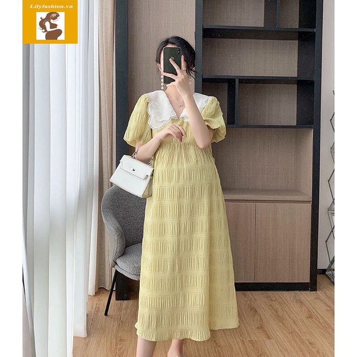 Váy đầm bầu cổ bèo thiết kế công sở, dự tiệc cho mẹ bầu phong cách hàn quốc sang trọng lịch sự mới mùa hè