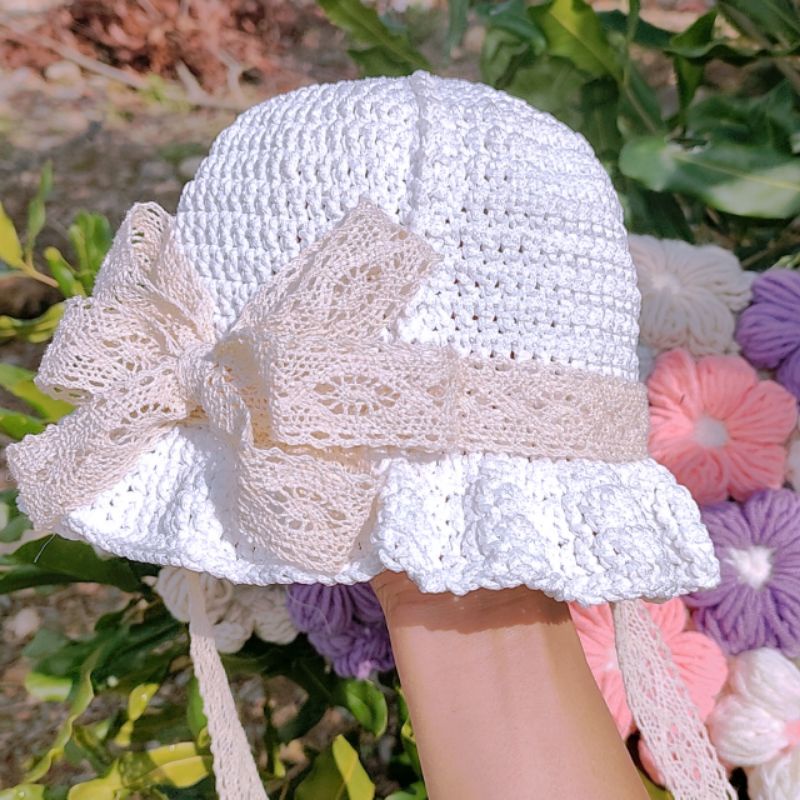 Mũ Nón Nơ Tiểu Thư Có Dây Cột Cho Bé Gái