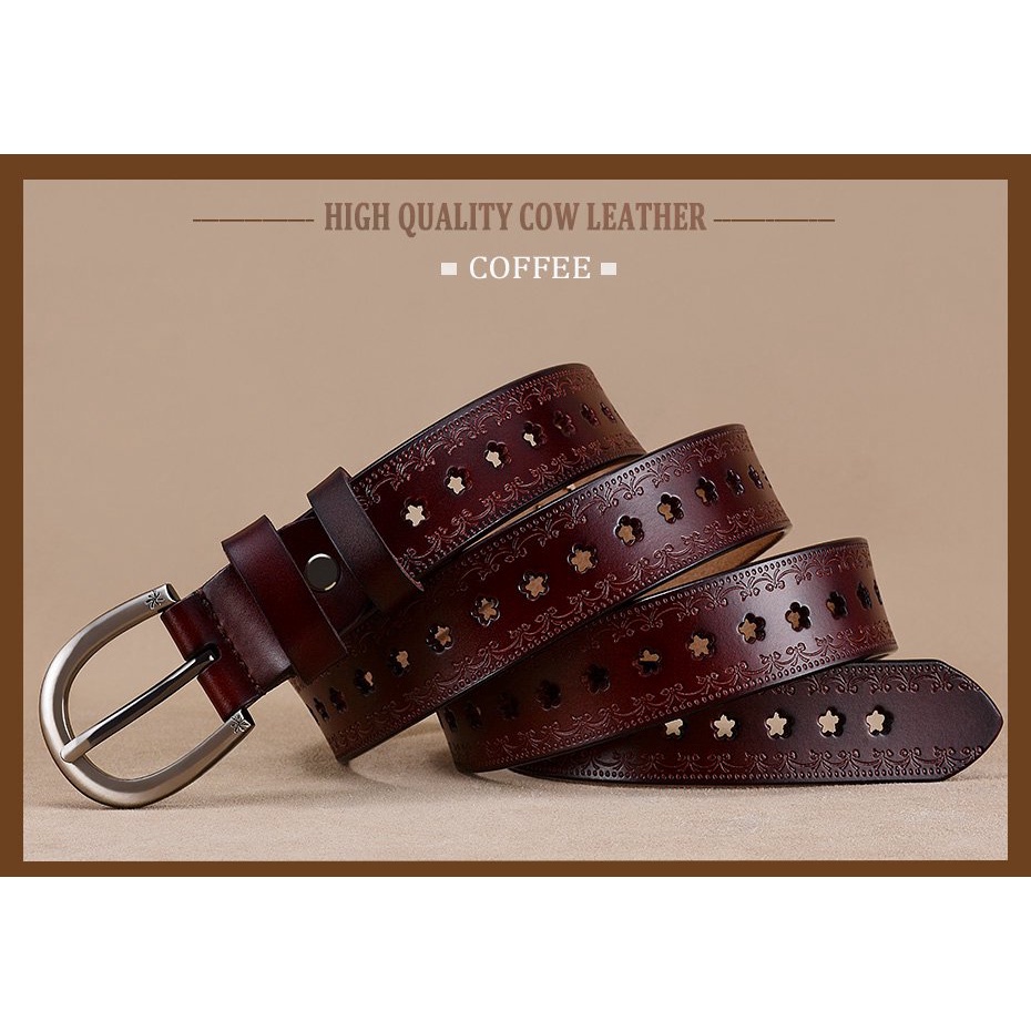 Thắt Lưng Da Bò 2.8Cm Có Khóa Họa Tiết Hoa Phong Cách Vintage Thời Trang Cho Nữ