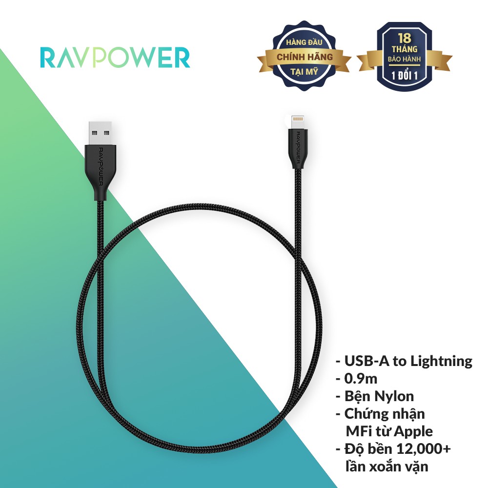 Dây Cáp Sạc USB to Lightning RAVPower RP-CB019 Dài 1m, Chứng Nhận MFI, Sợi Nylon, Sạc Nhanh - Hàng Chính Hãng