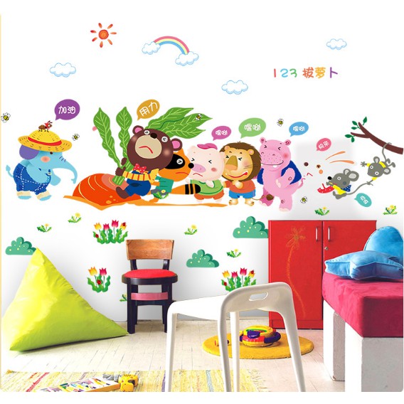 Decal dán tường trang trí - Các thú giúp kéo Củ Cà Rốt 02 ( Kèm Video Thật )