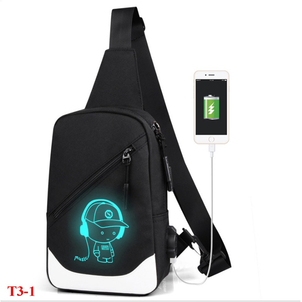 Túi đeo chéo dạ quang phát sáng hình Mắt + Tặng Cáp Sạc USB - T003