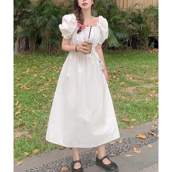 Đầm Chữ A Tay Ngắn Phồng Cổ Vuông Dáng Ôm Thời Trang Cho Nữ