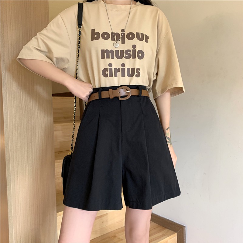 Korean fashion high waist slimming loose straight wide leg casual five-point pants women (plus belt)