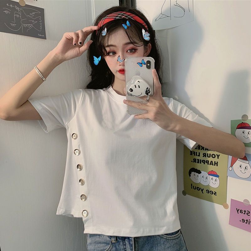 Áo Thun Nữ Tay Ngắn Cúc Xiên Vải Cotton Hàn Quốc