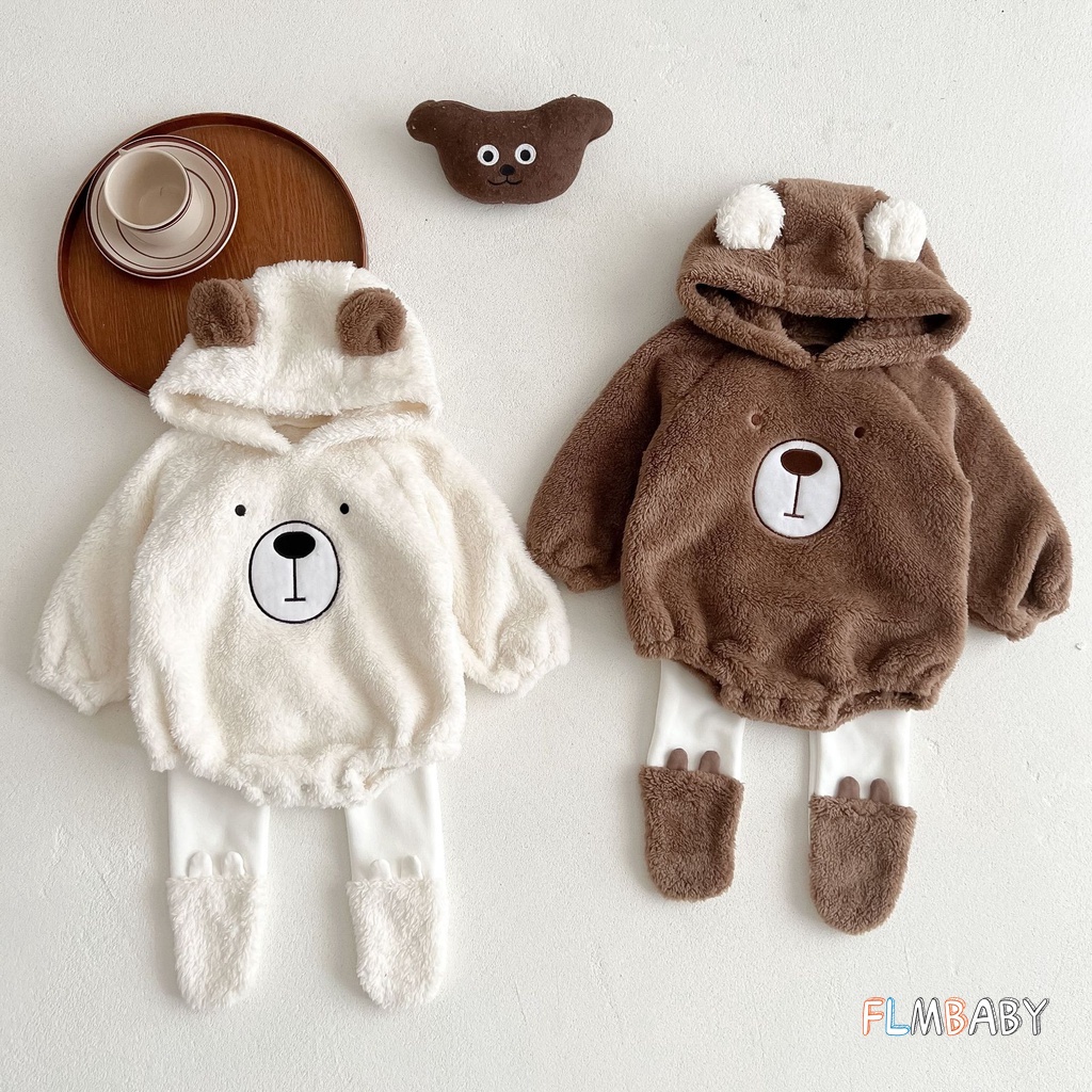 Bộ Áo Liền Quần Có Mũ Tai Gấu Dễ Thương Cho Bé