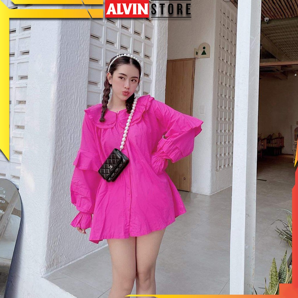 Áo Babydoll Nữ tay dài cổ bèo tầng AlvinStore thiết kế kiểu áo tiểu thư tay phồng bánh bèo 12001