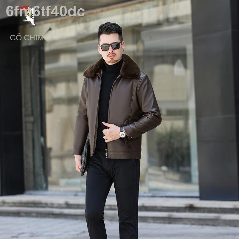 Chim gõ kiến ​​da người đàn ông mùa thu và đông áo khoác mới của lớn cổ lông thú trung niên cộng với trang