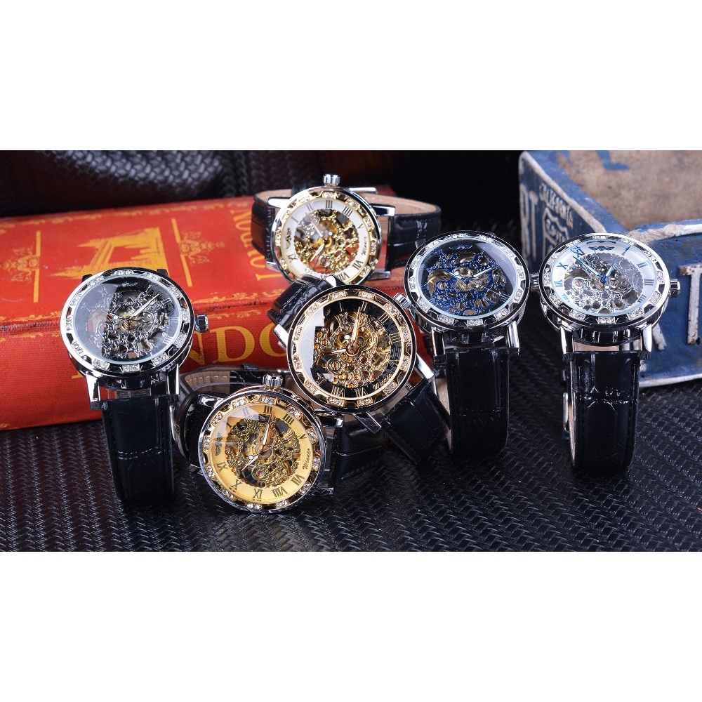 Winner Đồng Hồ Cơ Lộ Máy Mặt Kim Cương Màu Vàng Đen Phong Cách retro Sang Trọng Cho Nam