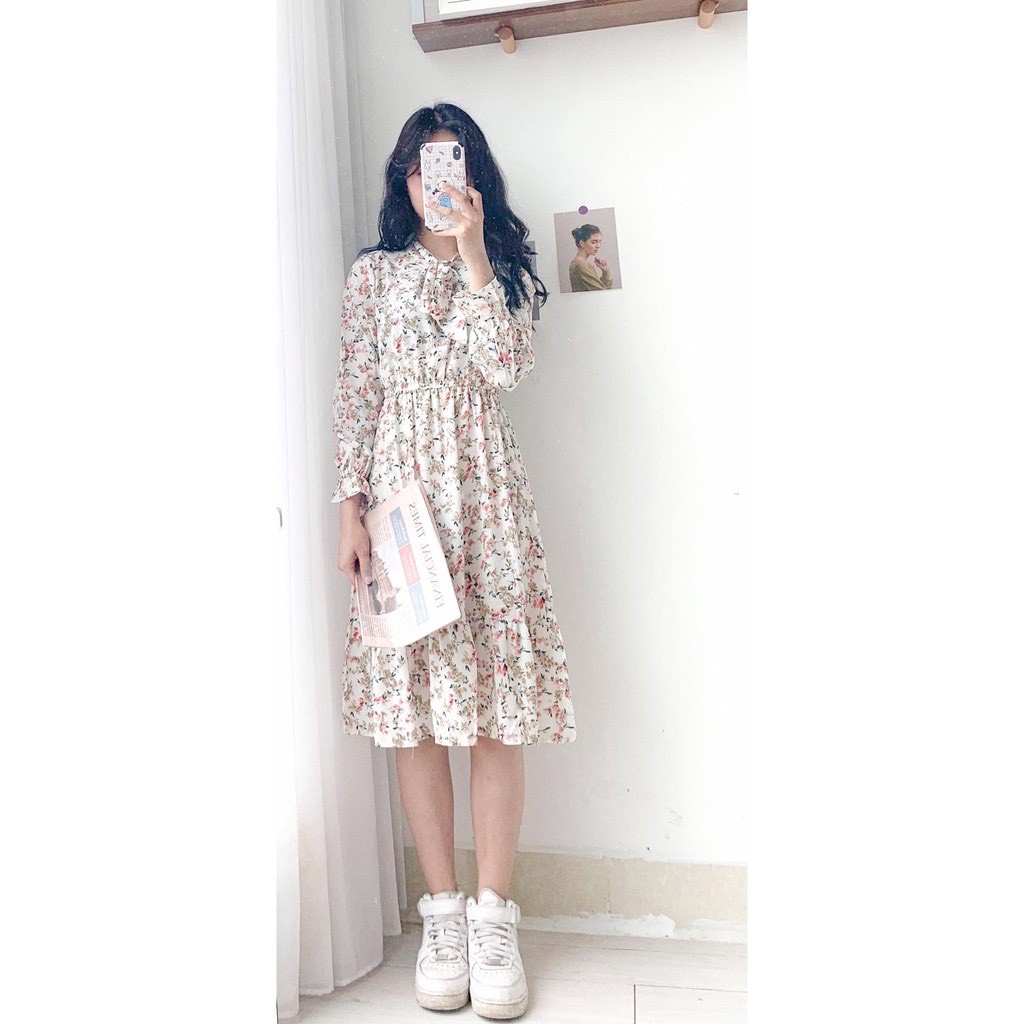 Đầm - váy hoa nhí thắt nơ dài tay - Đầm dự tiệc, đám cưới 💕💕 (Có ảnh thật shop chụp)