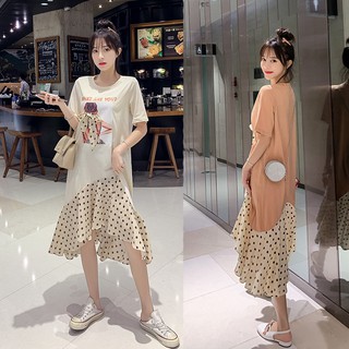 Váy bầu, đầm bầu thun cotton dáng dài phối với voan chấm bi đuôi cá in hình cá tính