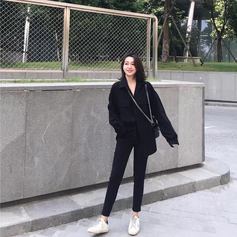 Sơ mi lụa basic màu đen 2 túi ngực A078