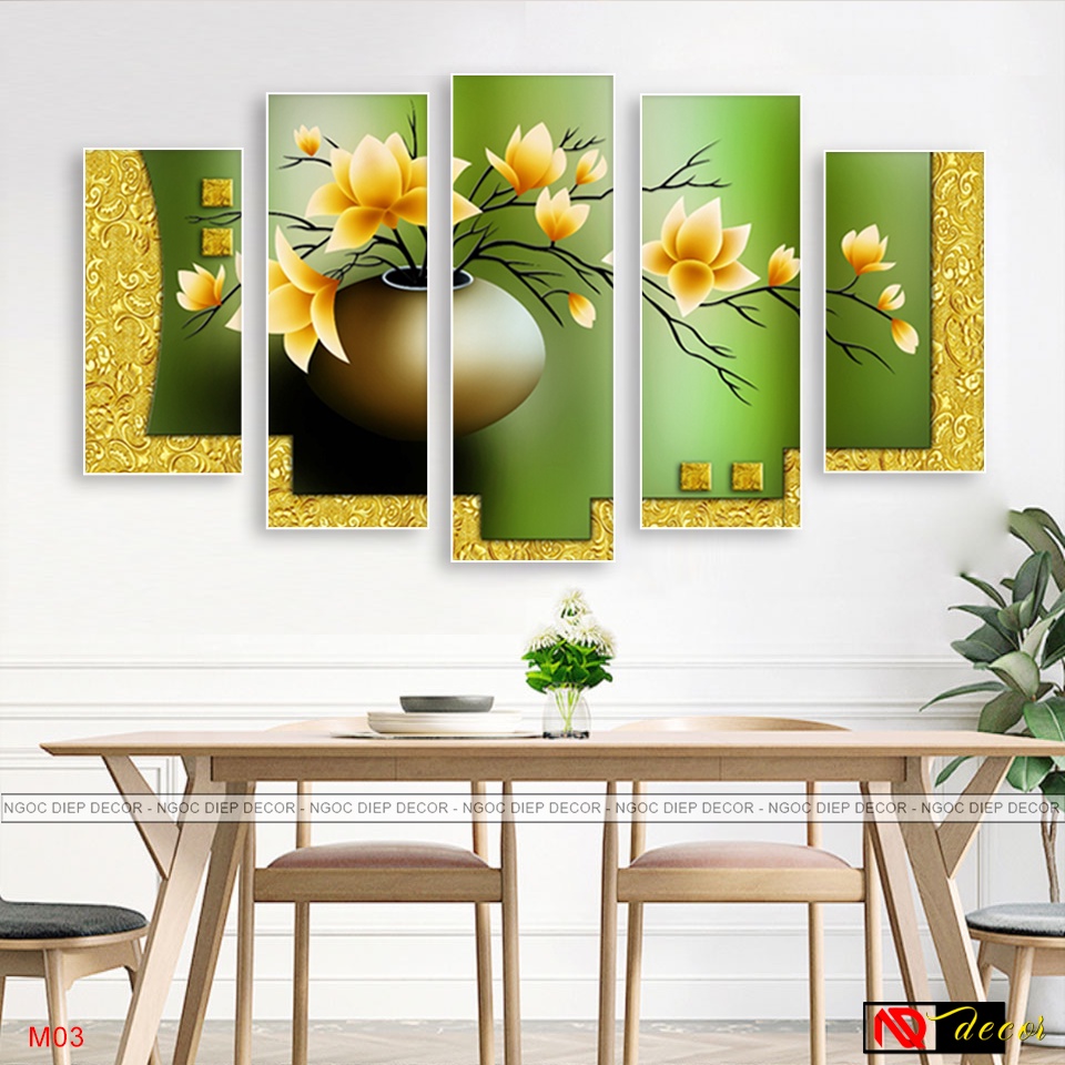 Tranh dán tường 3D giả đồng khổ lớn 5 tấm ghép dày 3mm - Tranh hoa sen đất đẹp, kèm băng dính xốp