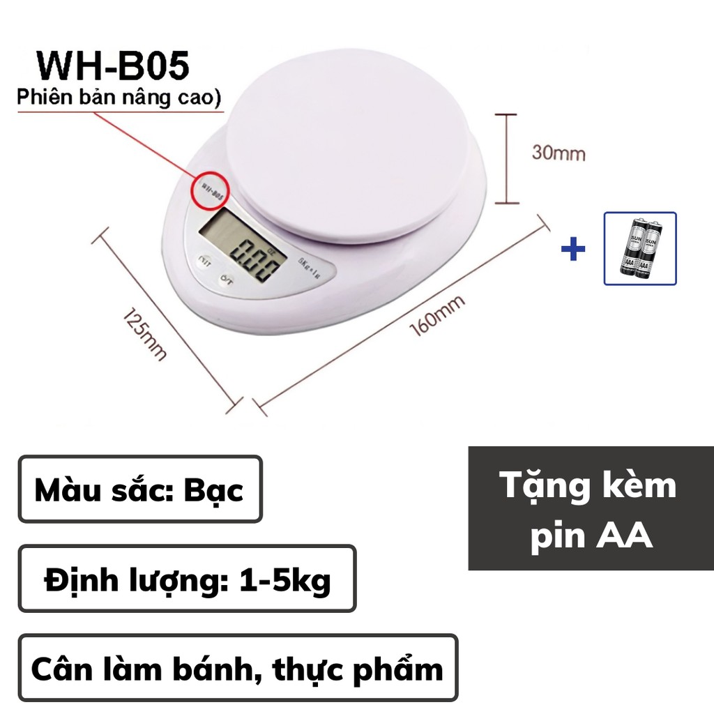 Cân tiểu ly điện tử mini định lượng 1-5kg B05 độ chính xác cao làm bánh Cân tiểu ly 3kg cao cấp kèm 2 viên pin AA