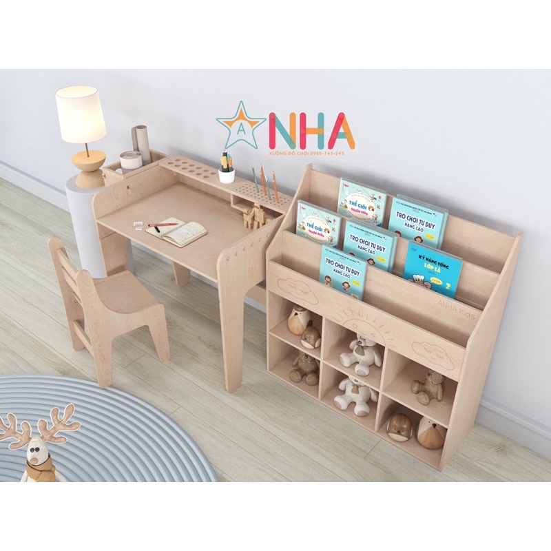 Kệ sách Montessori, giá sách trẻ em kết hợp, kệ đa năng cho bé