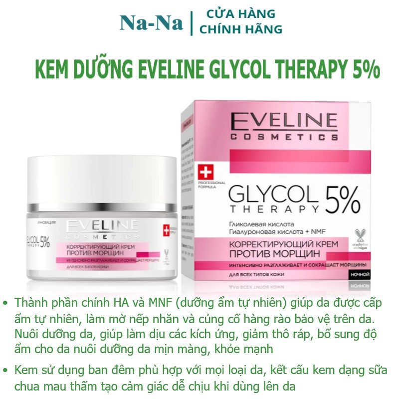 Kem dưỡng phục hồi trẻ hóa, cấp ẩm giúp da mịn màng, tươi trẻ Eveline Glycol Therapy 5%, 50ml