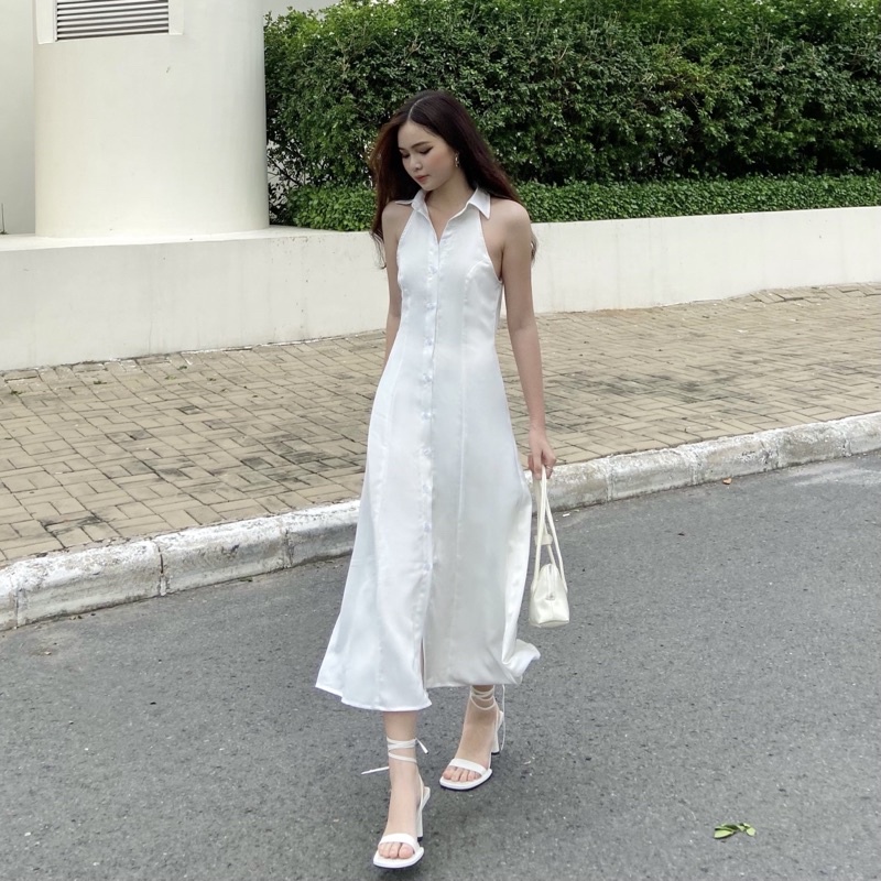 Đầm sơ mi LAMUSE thiết kế dáng dài cộc tay chất satin nhung mềm mịn (Sleeveless Shirt Dress) | BigBuy360 - bigbuy360.vn