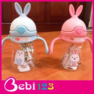 (Tặng 1 cọ ống hút) Bình nước tai thỏ có dây đeo tiện lợi 280ml cho bé