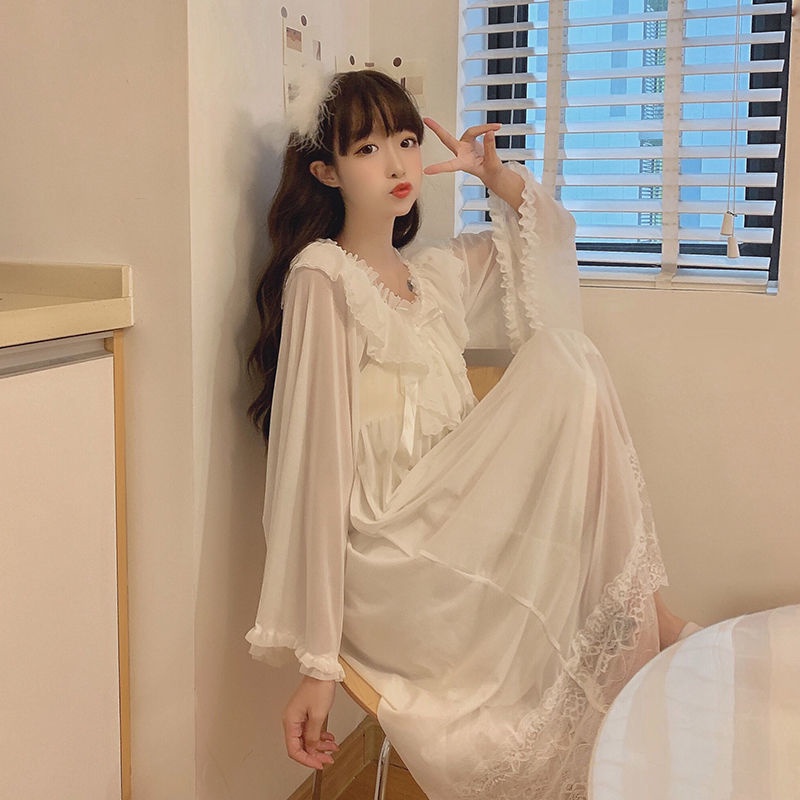 FXDAZI Cổ Phiếu Sẵn Sàng❣Đầm Ngủ Tay Dài Phối Ren Quyến Rũ Phong Cách Hàn Quốc Cho Nữ