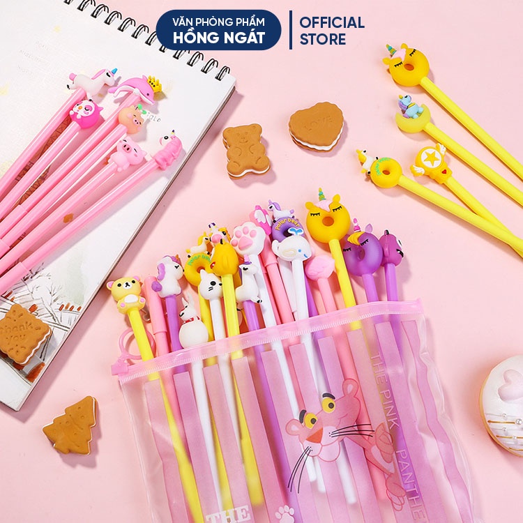 Bút bi cute dễ thương ngộ nghĩnh, set 20 bút bi nước mực gel đựng kèm túi zip đồ dùng học tập văn phòng phẩm B39