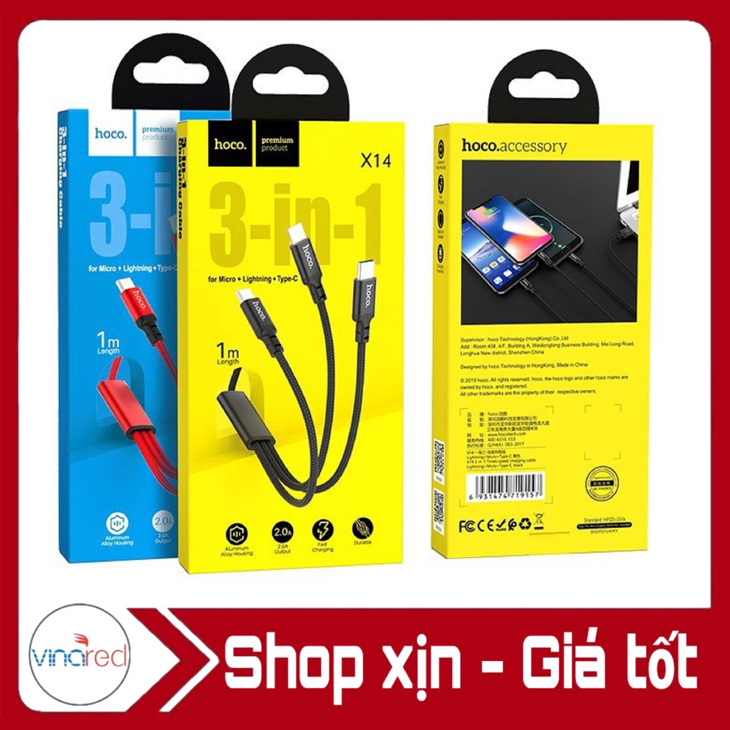 CÁP SẠC 3 ĐẦU HOCO X14-DÂY SẠC BỌC DÙ CHỐNG ĐỨT ĐA NĂNG SẠC CHO IP,MICRO USB ,TYPE C